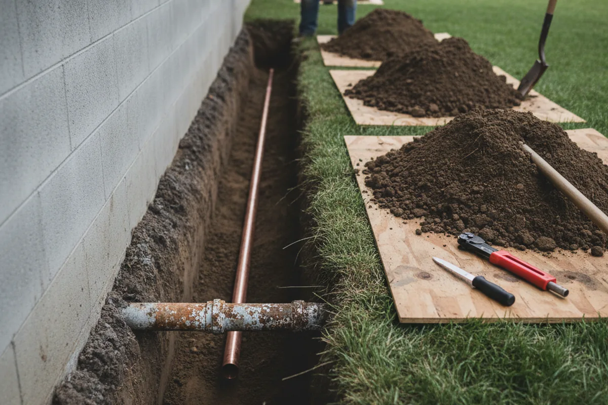 Excavated water line trench during Water Heater Repair in Hamel